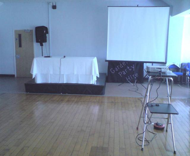 Public Inquiry Dias projector and screen with radio mics